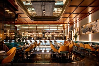 rearrange 3dluxury restaurant interior,cocktail bar, evening dining,cgi art deco
