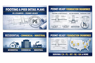 footing and pier detail plans ca ga cl fl ny nj pe stamp permit approval