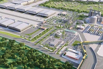 visualize 3d facility complex,distribution center, warehouse exterior cgi render