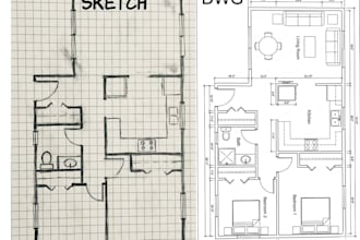 redraw hand sketched floorplan into clean autocad drawings in 3 to 6 hours
