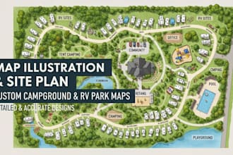 render map illustration or site plan, rv park resort, campground park