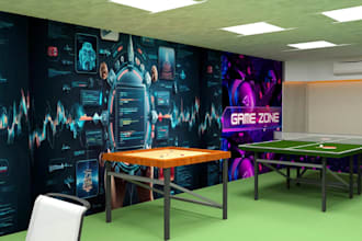 render 3d break room,game zone layout,furniture styling,cgi commercial interior