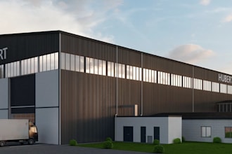 construct exterior space layout,3d industrial warehouse,office block rendering