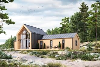 brace 3d modern prefab house, cabin home,landscape garden, ranch style rendering