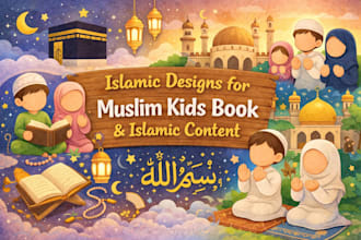 illustrate children islamic designs, muslim kids book and write islamic content
