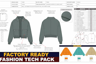 create jacket tech packs coats parkas bomber cad flat sketch for manufacturing