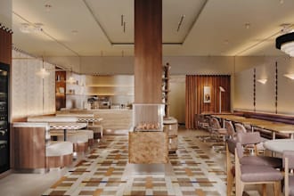 3d modern interior design, render minimalist restaurants in cozy style, cgi cafe
