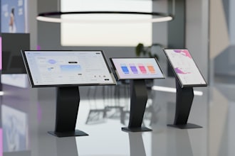 design realistic 3d device mockups and UI screens for digital totems and kiosks