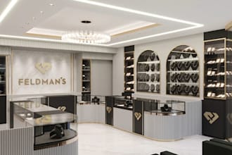 rebrand 3d jewellery retail store, luxury boutique interior, store layout render