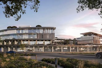 buildup 3d commercial complex, shopping mall,exterior facade,cgi  landscape road