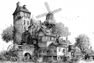 create hand drawn ink sketch and pencil illustration