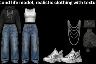 make 3d second life model, realistic clothing mesh for second life with textures