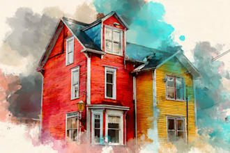 create house and building photo into watercolor art