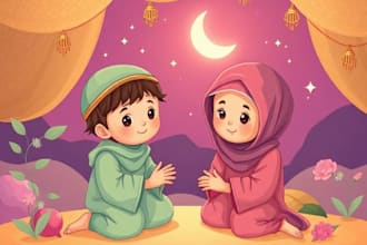 illustrate cute islamic children storybook illustration