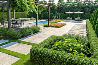 do landscape garden design, backyard, pool and terrace