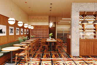 recreate 3d restaurant interior, bar design,cafe layout,cgi pastry,bakery render