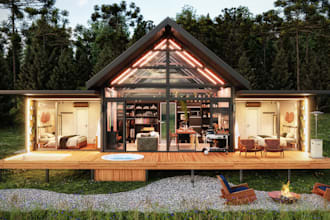 upgrade 3d luxury chalet style, house exterior,modular home,glass cabin interior