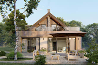recreate 3d rustic farmhouse, wooden cottage,render roof design,balcony exterior