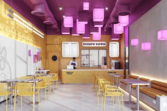redesign 3d casual diner,street restaurant interior, cookie shop exterior render