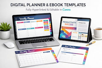 design hyperlink planner, digital planner, canva ebook template and adhd planner