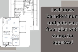 draw barndominium and pole barn floor plan with stamp for approval