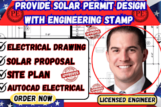 united state solar permit design with engineering stamp, drafting autocad plan