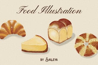 draw cute food illustration of bread and cake