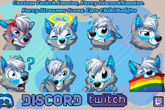 design furry discord emotes, twitch badge, furry sub badge, chibi twitch emotes