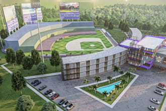 render 3d baseball field, baseball stadium,sport complex,amphitheater projection