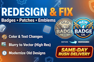redesign, color change, modify, or fix your badge logo, sticker, patch, emblem
