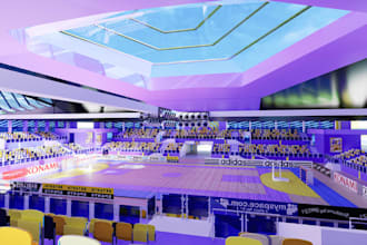 reimagine 3d tennis court indoor,basketball facility,arena hub,neon light render