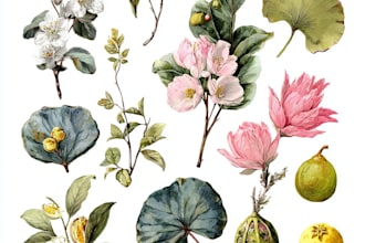 watercolor clipart of flowers, leaves, fruits, plants