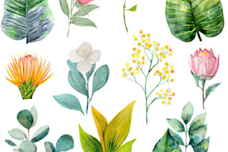 botanical watercolor clipart of flowers, leaves, fruits
