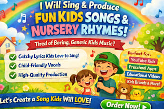 sing and produce kids songs nursery rhymes, jingle children songwriter,