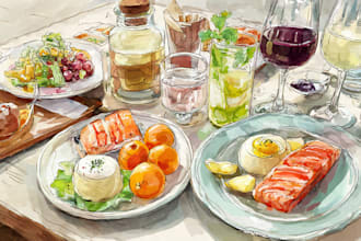 create hand drawn food and drink watercolor illustration