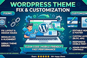 fix wordpress theme issues and customize header, footer, and layout