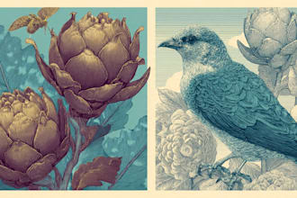 illustrate botanical and animal linocut illustration