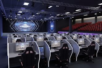 design 3d esport center,VR cyberclub, gaming room, digital furniture, cgi render