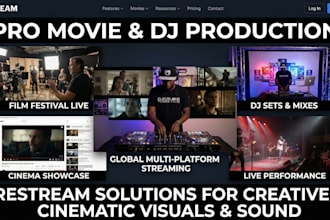 wordpress film website, music website dj podcast website with livestreaming feat