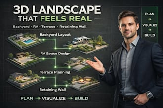 design 3d landscape rendering, retaining wall, terrace, rv, backyard and layout