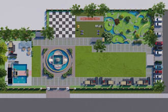 render 3d community park layout, mini golf, outdoor amenities, aerial landscape