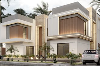 upscale 3d house elevation,modern villa design, duplex exterior,facade rendering