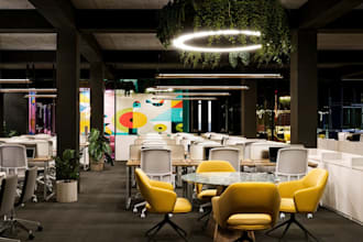 render office interior,2d,3d layout architect plan, commercial space design, bar