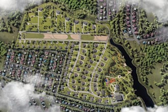 render master planned residential community, street layout,landscape green space