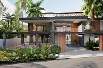 showcase 3d villa estate housing,interior design,tropical garden,exterior render