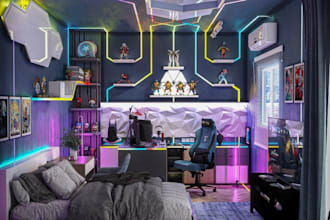 turn 2d to 3d stunning gaming room interior, streaming studio,kid bedroom render