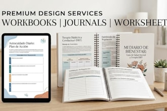 design a premium spanish mental health workbook, journal, printable worksheet