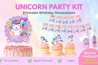 unicorn printable party kit personalized birthday decorations