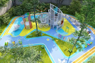 design 3d kid playground,outdoor living space, public park,cgi urban master plan