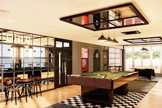 relayout 3d recreation space,gaming room interior, cgi club lounge,bar rendering